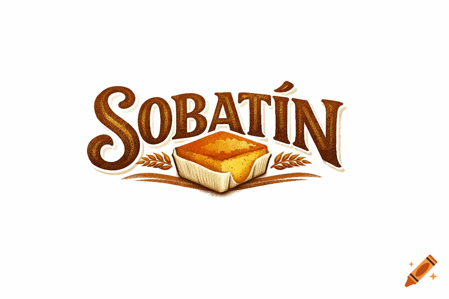 Brown and gold textured logo for 'SOBATÍN' with a square cake in a wrapper and wheat accents.