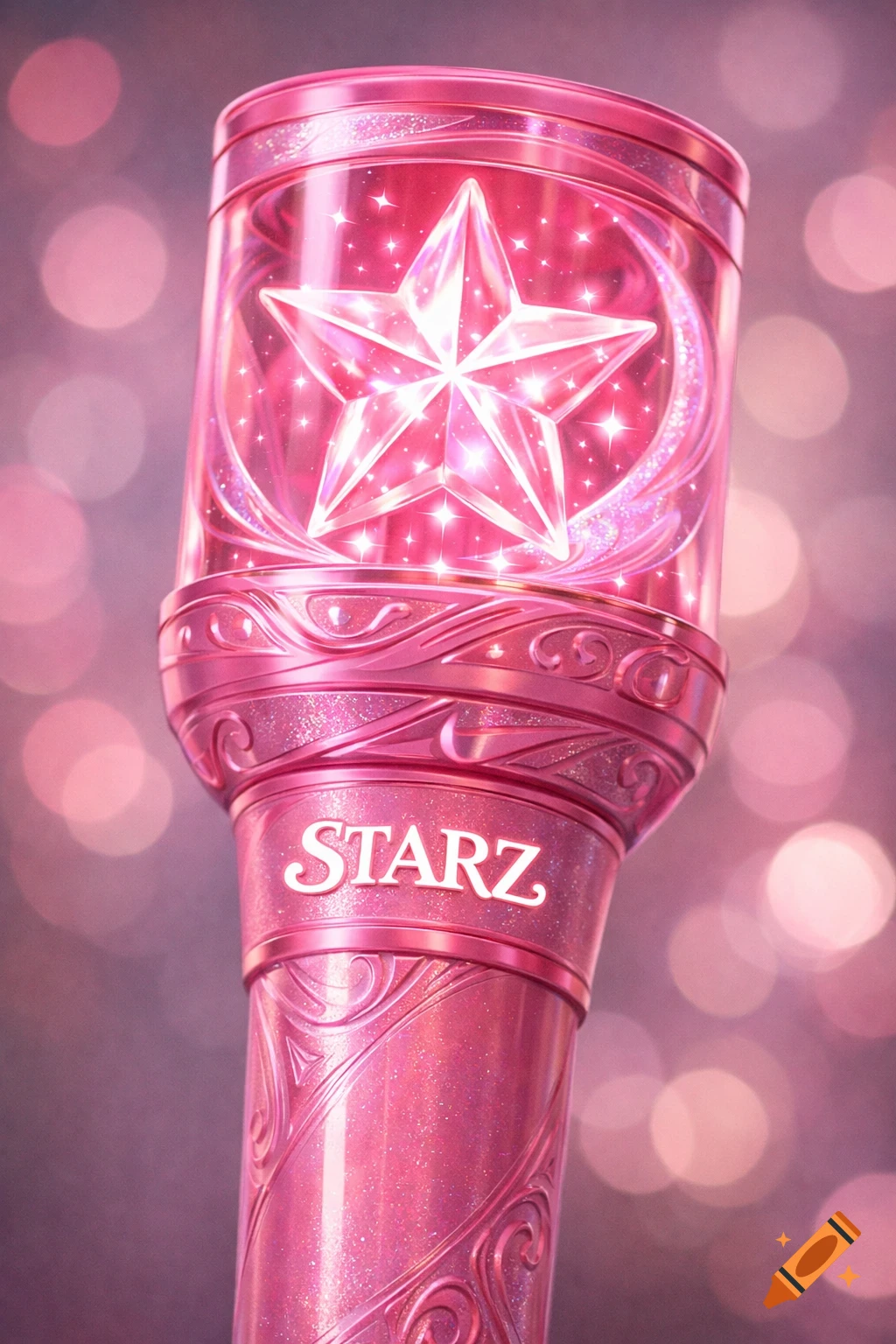 A sparkling pink lightstick with a crystal star inside and the word 'STARZ' on the handle, surrounded by bokeh lights.