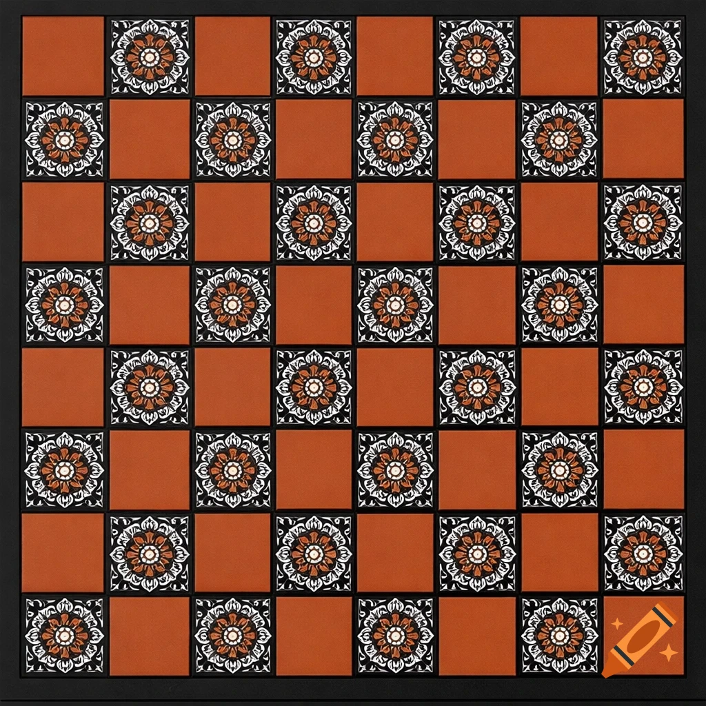 A checkerboard pattern with alternating terracotta-colored squares and squares featuring a black, white, and terracotta mandala design.