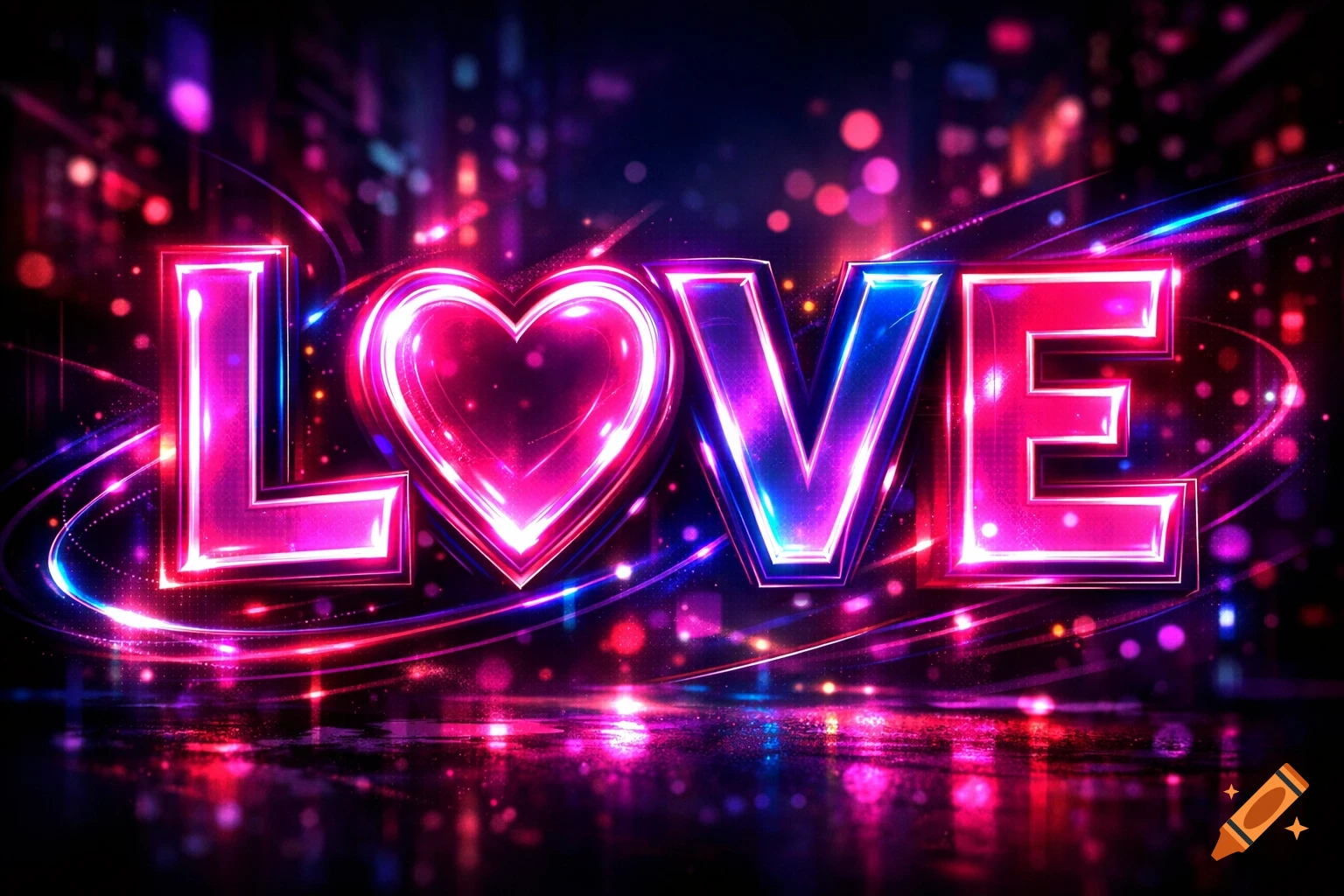 Vibrant, glowing neon text spells 'LOVE' with a pink heart replacing the 'O', reflecting on a dark, wet surface amidst bokeh lights.