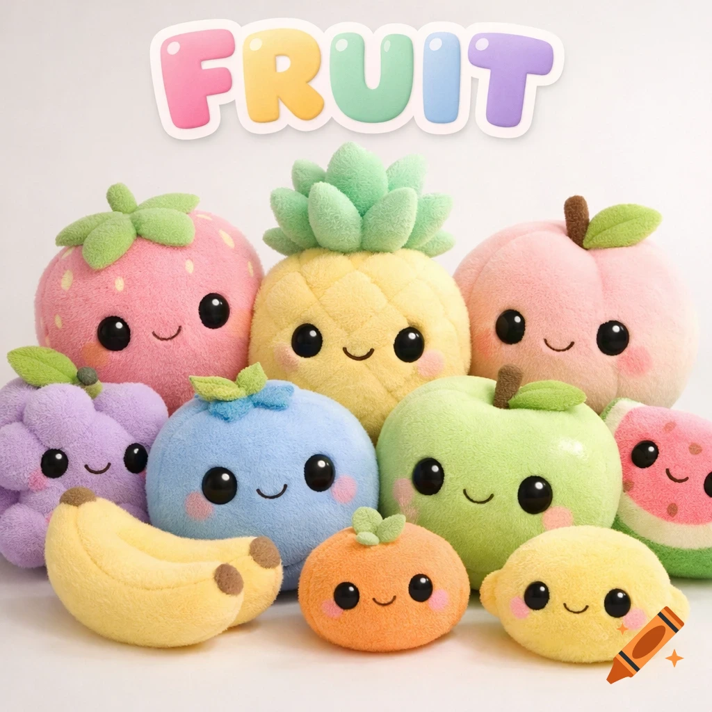 A vibrant collection of kawaii 3D pastel fruit plushies with adorable faces, and the word 'FRUIT' above them.