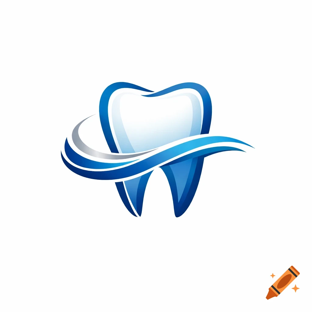 A stylized dental logo featuring a shiny white tooth with blue and silver wave-like bands wrapping around it.
