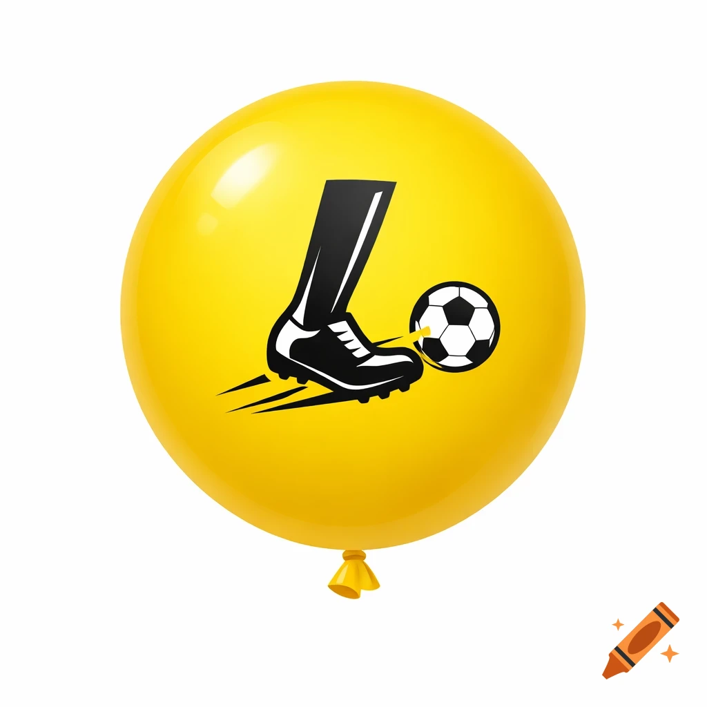 A yellow balloon with a black and white stylized soccer boot kicking a soccer ball, in a simplified illustration style.