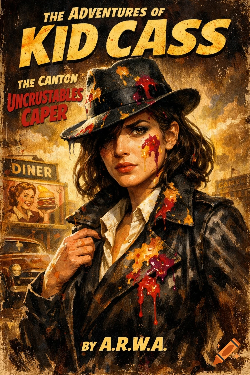 A vintage-style book cover features a woman in a fedora and trench coat splattered with peanut butter and jelly, titled "The Adventures of Kid Cass".