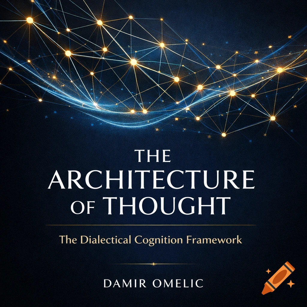 A deep blue book cover with a golden neural network design and the title 'The Architecture of Thought'.