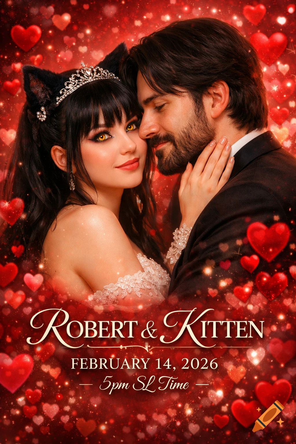 A romantic Valentine's Day wedding invitation featuring a couple. The woman has black cat ears and yellow eyes, embracing a man with a beard, against a backdrop of red hearts and sparkles. Text reads: ROBERT & KITTEN, FEBRUARY 14, 2026, 5pm SL Time.