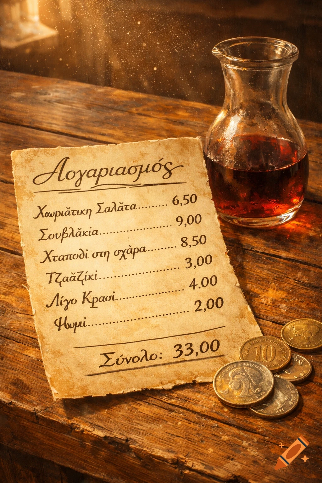 A Greek restaurant bill, a small carafe of red wine, and a stack of coins sit on a rustic wooden table in warm, sunlit glow.