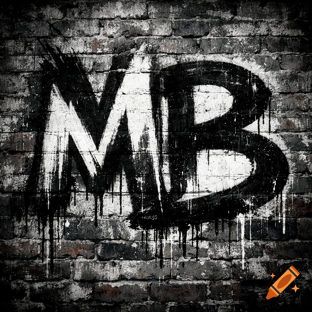 Grunge style spray-painted black and white letters 'MB' on a dark brick wall with paint drips.