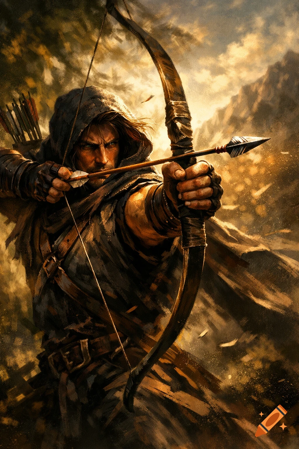 A hooded archer in a fantasy illustration aims a bow and arrow with intense focus, bathed in golden light.