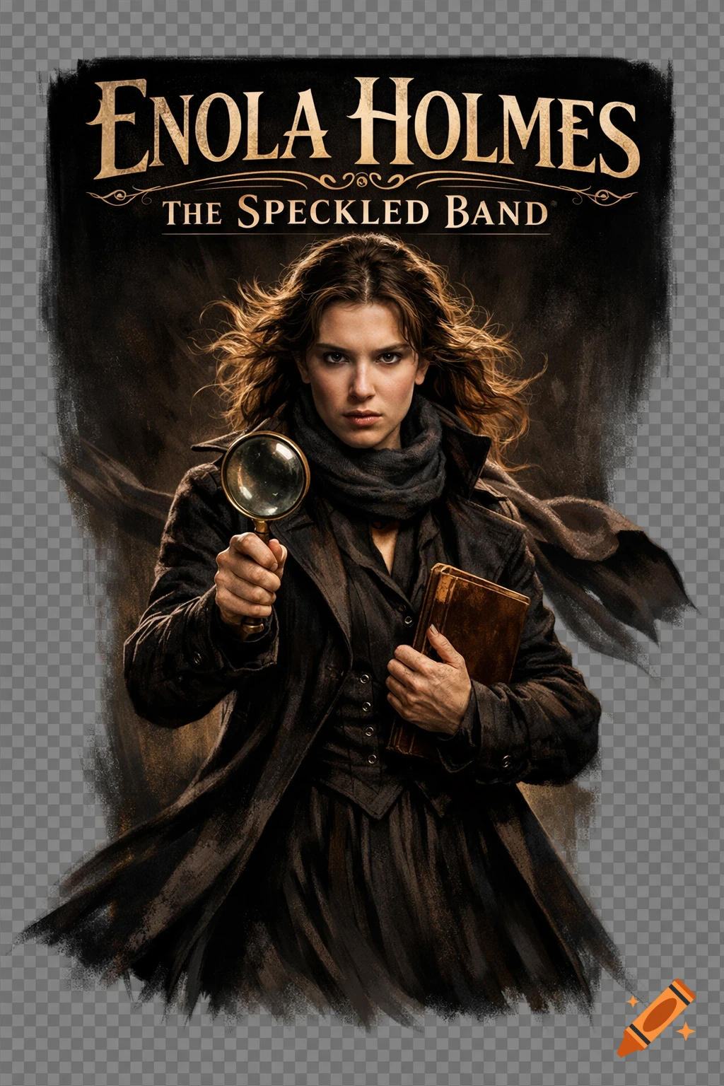 Movie poster of Enola Holmes in Victorian attire, holding a magnifying glass and book, with the titles 'Enola Holmes' and 'The Speckled Band'.