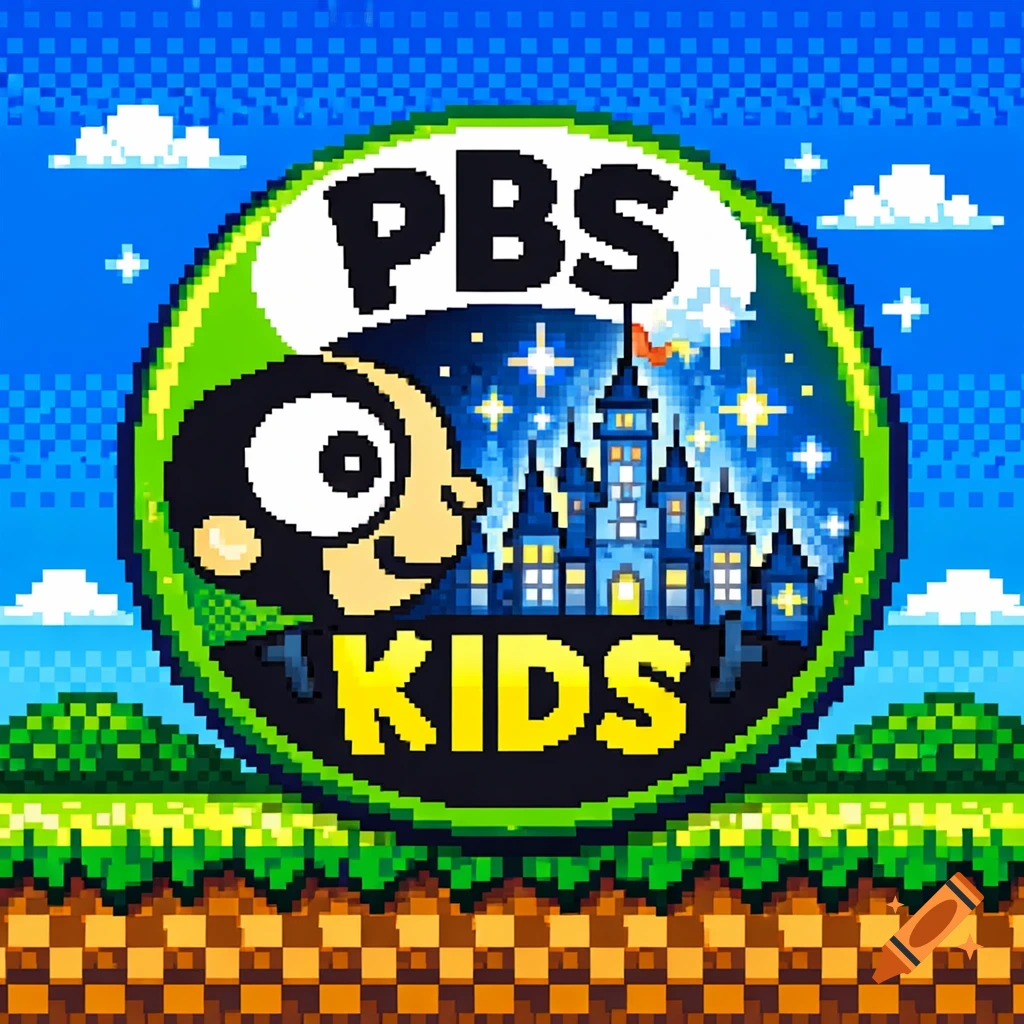 Pixel art logo for PBS Kids, featuring the character Dot, a castle, and the text PBS KIDS on a video game-style background.