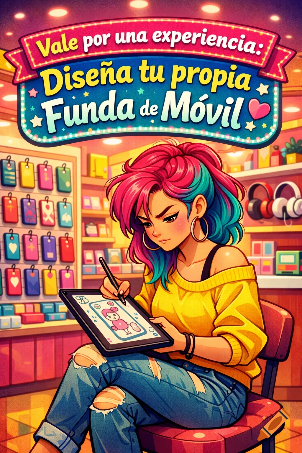 A pop art style illustration of a woman with colorful hair designing a phone case on a tablet in a mobile accessories store.