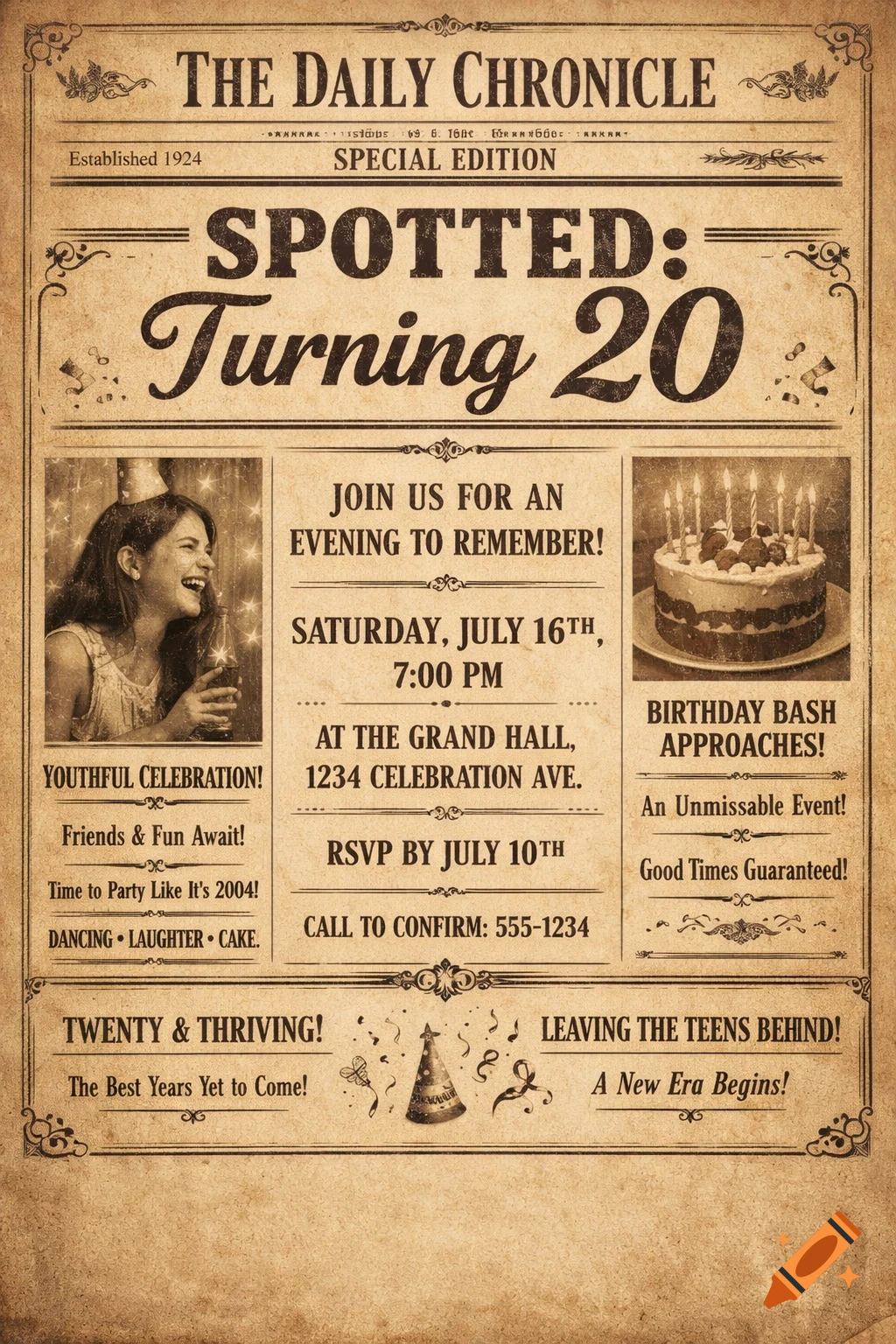 A vintage-style birthday invitation resembling a newspaper front page, titled 'THE DAILY CHRONICLE SPECIAL EDITION SPOTTED: Turning 20'. It features a smiling person with a party hat and a birthday cake, with details about a 'Youthful Celebration' and 'Birthday Bash'. The background has a sepia-toned, textured paper look.