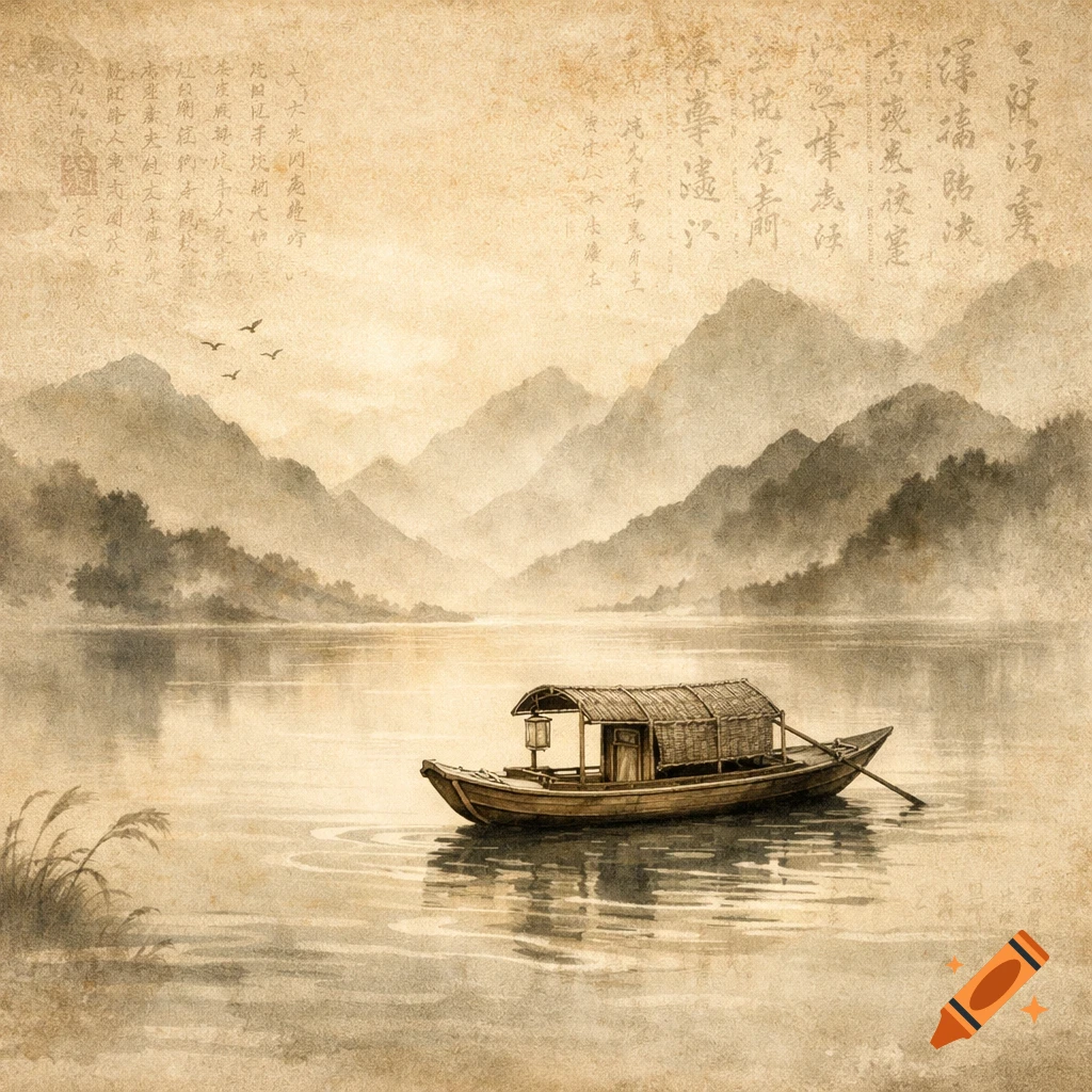 A traditional Chinese ink painting of a small boat on a calm river, with misty mountains and subtle calligraphy on aged paper.