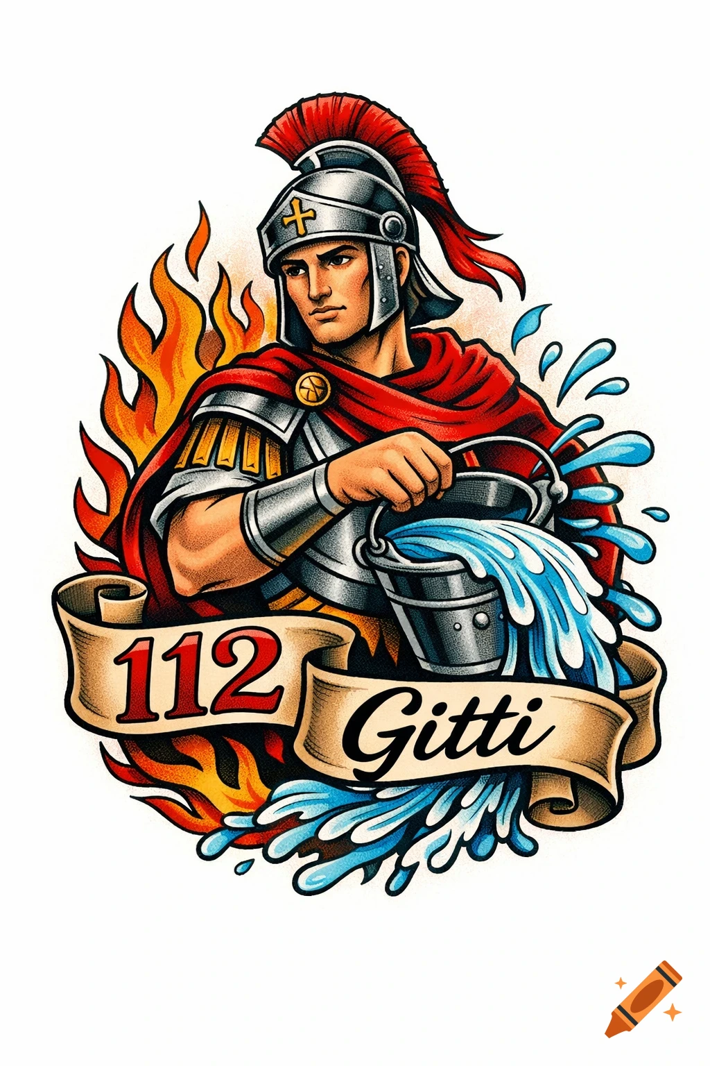 Traditional tattoo art of a Roman-style warrior, Saint Florian, pouring water on flames, with banners reading '112' and 'Gitti'.
