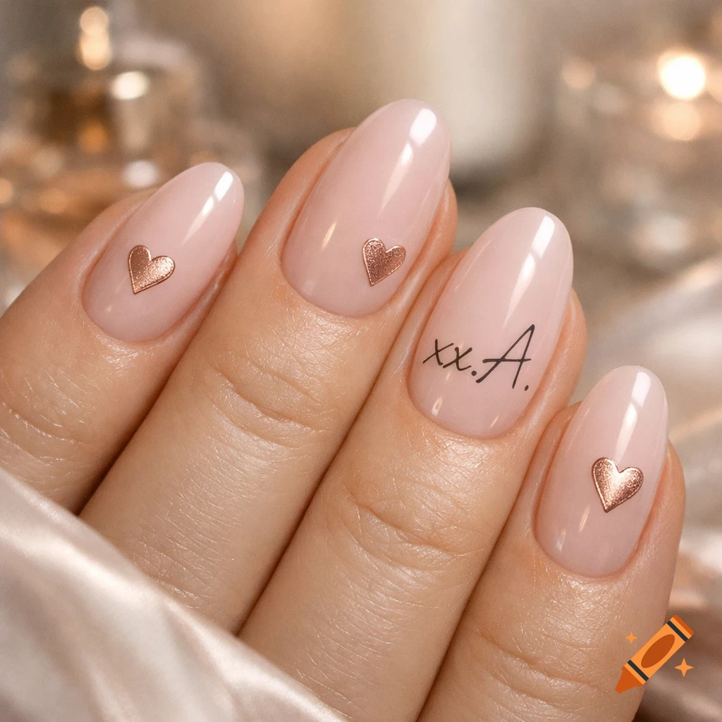 Close-up of a hand with light pink oval nails featuring rose gold heart decals and black script 'xx.A.' on one nail.
