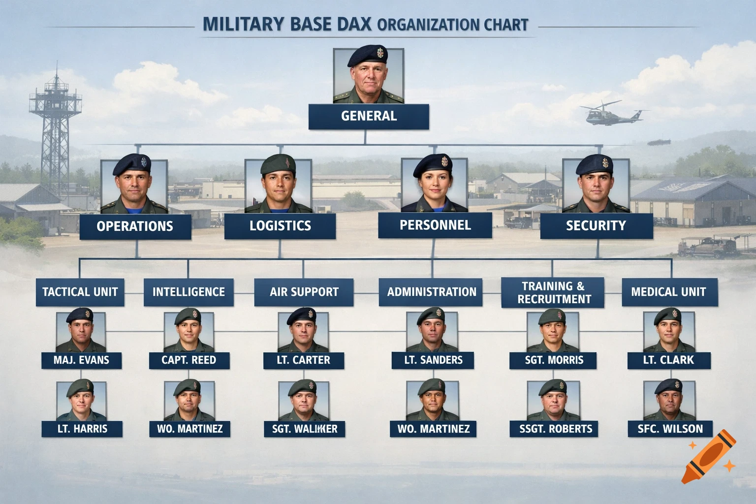 A military base organization chart displays a hierarchy of officers, including a General, department heads for Operations, Logistics, Personnel, and Security, and various unit leaders with their names and ranks. The background shows a military base with buildings and a helicopter.