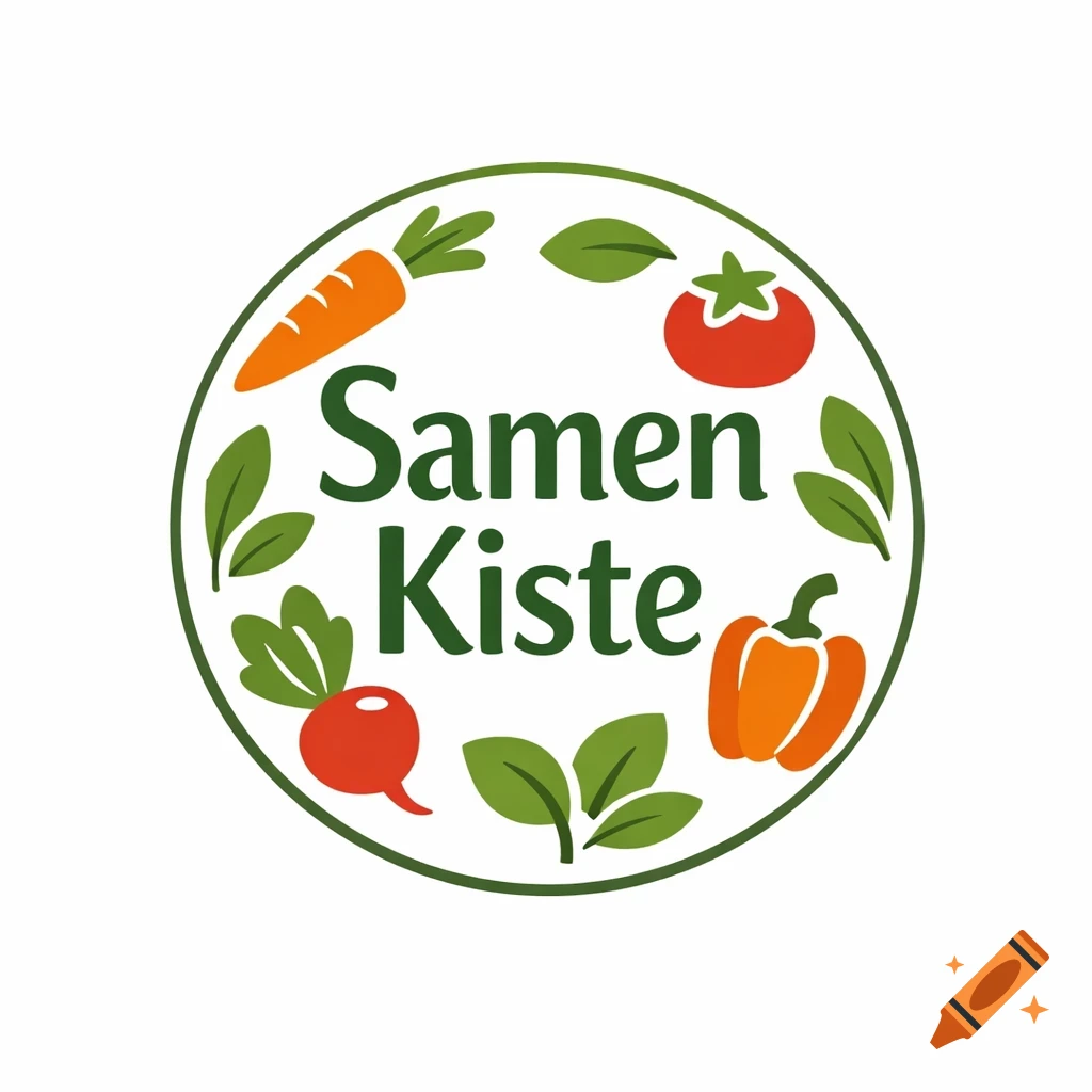 Round logo with green text 'Samen Kiste' surrounded by illustrations of a carrot, tomato, bell pepper, and radish on white.