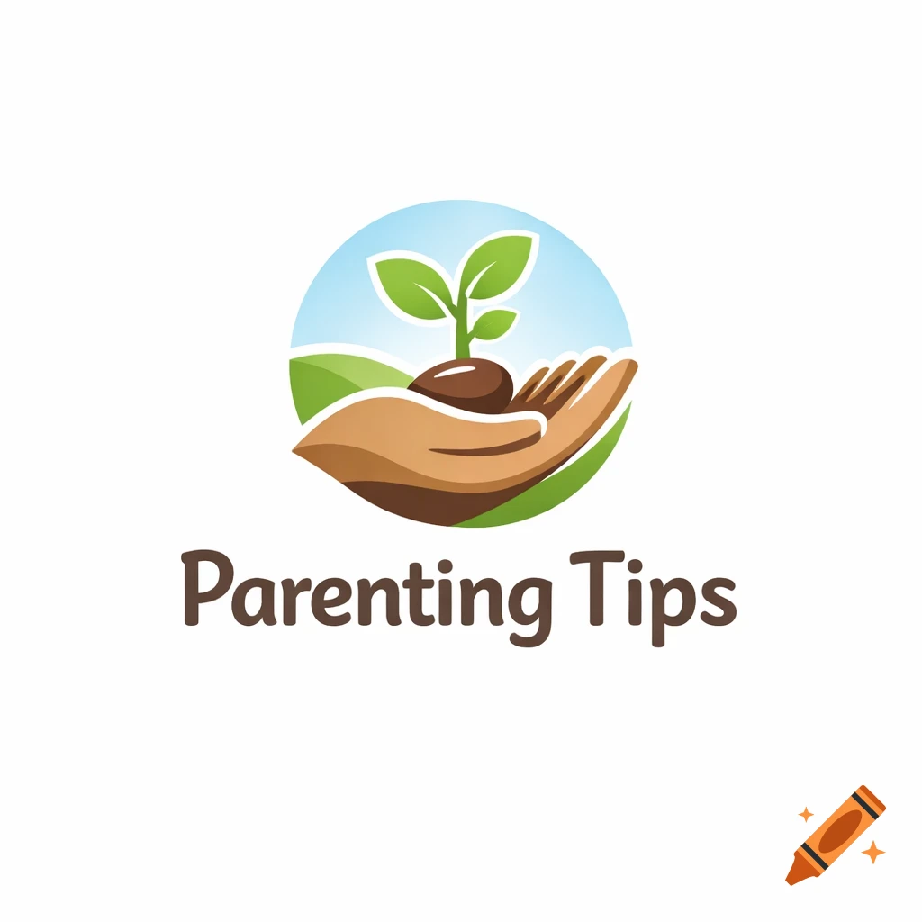 Logo with a hand holding a sprouting seed against a blue and green background, with the text 'Parenting Tips'.