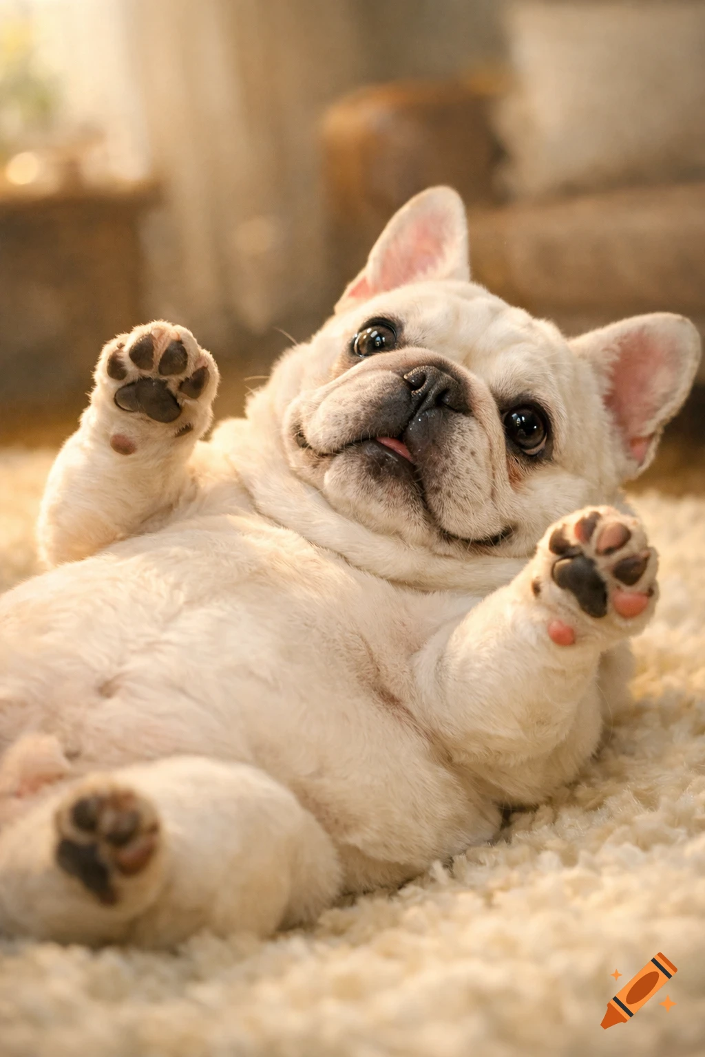 A chubby white French Bulldog lies on its back on a fluffy carpet, looking up with its tongue slightly out and paws raised.