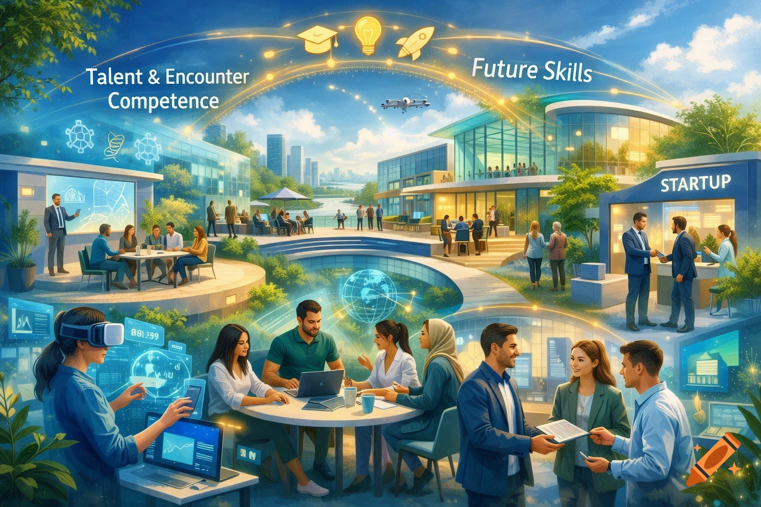 An illustration of a modern, green business campus with diverse people collaborating, learning, and using technology like VR and laptops. Key phrases 'Talent & Encounter Competence', 'Future Skills', and 'STARTUP' are featured, along with iconic symbols like a graduation cap, lightbulb, and rocket.