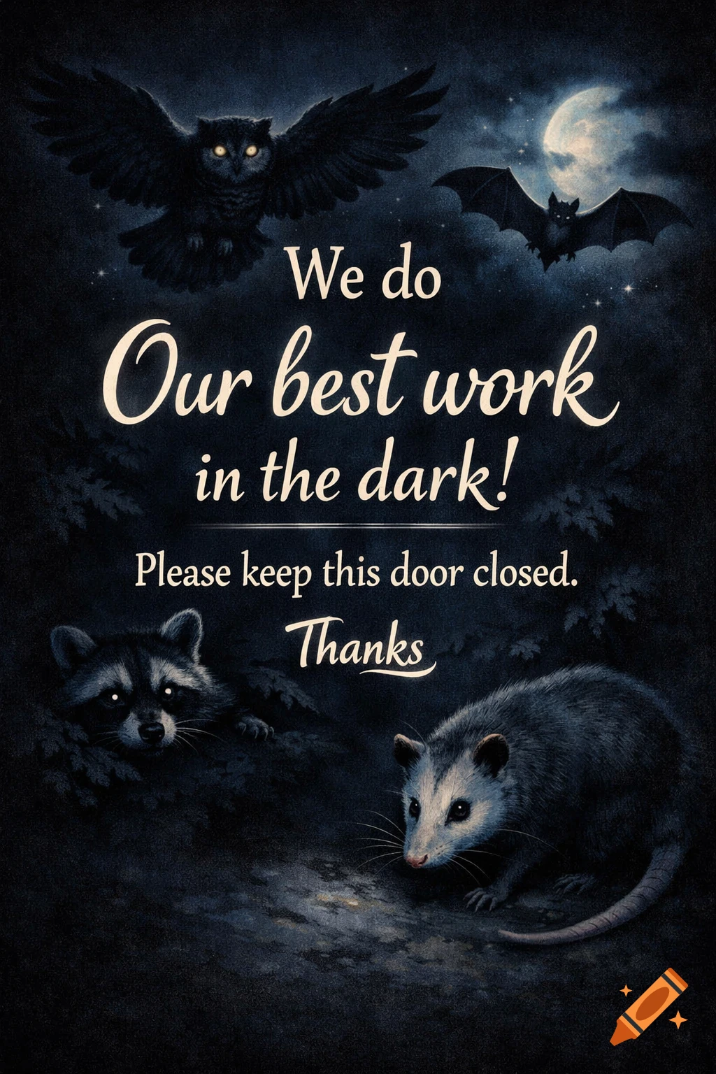 Dark illustration with an owl, bat, raccoon, and opossum. Text reads: 'We do Our best work in the dark! Please keep this door closed. Thanks'.