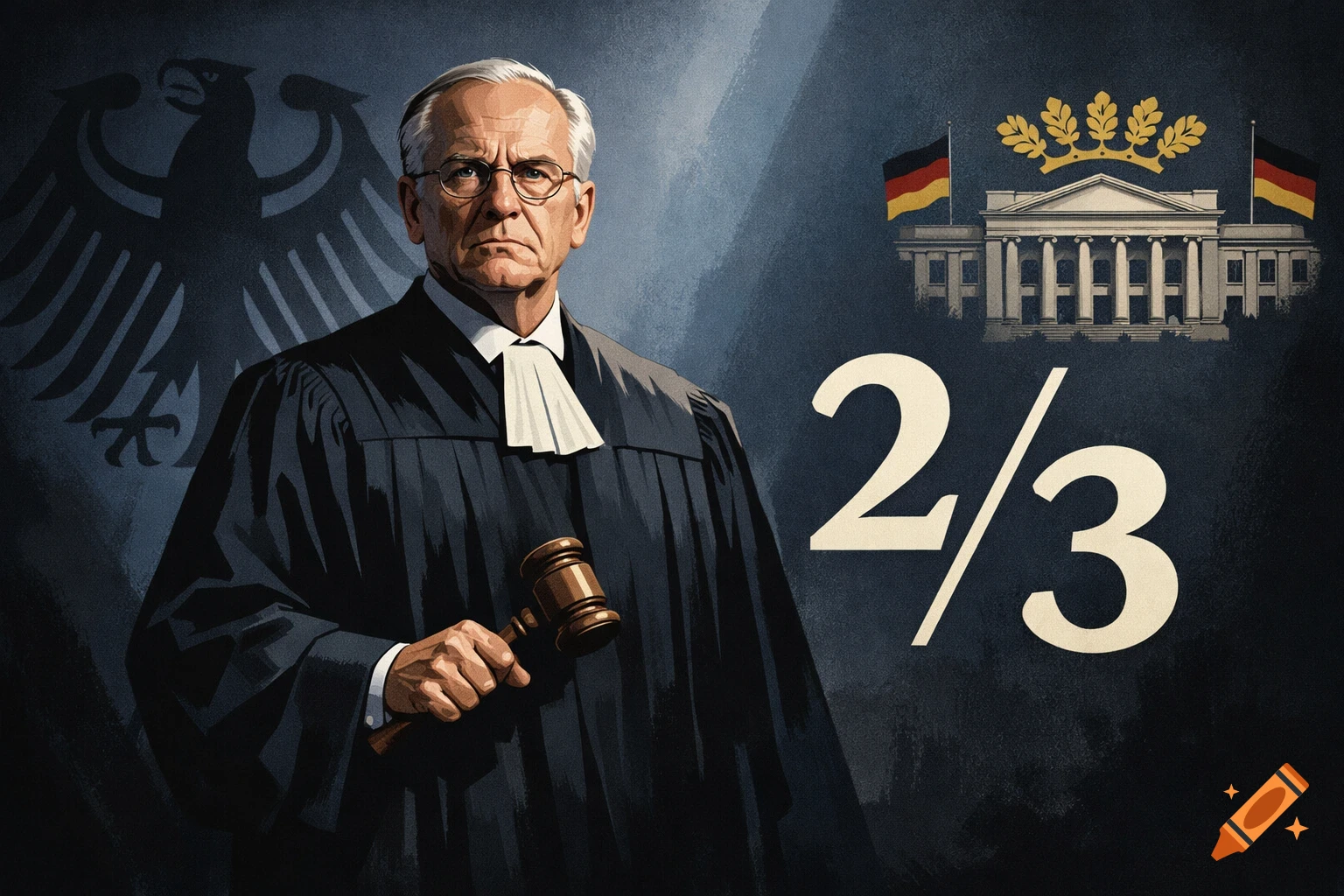 An illustration of a stern judge in a black robe holding a gavel, against a dark background with German eagle and parliament symbols, and the text '2/3'.