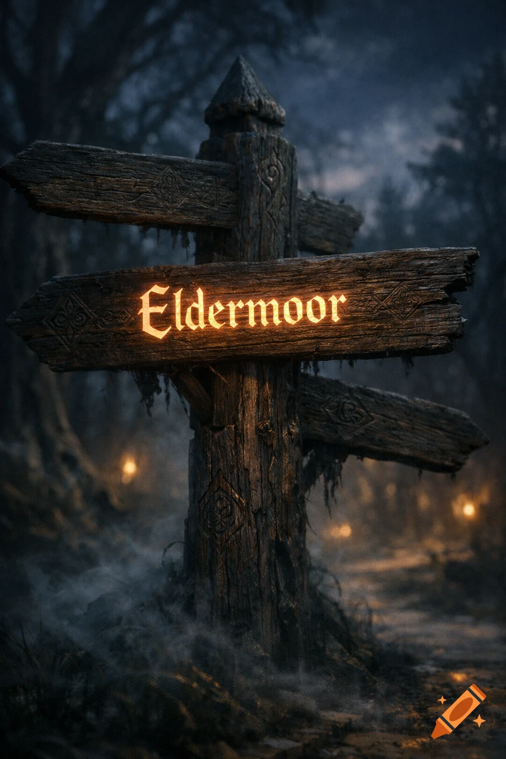 A rustic wooden signpost with glowing "Eldermoor" text stands in a dark, misty forest, illuminated by distant lights.