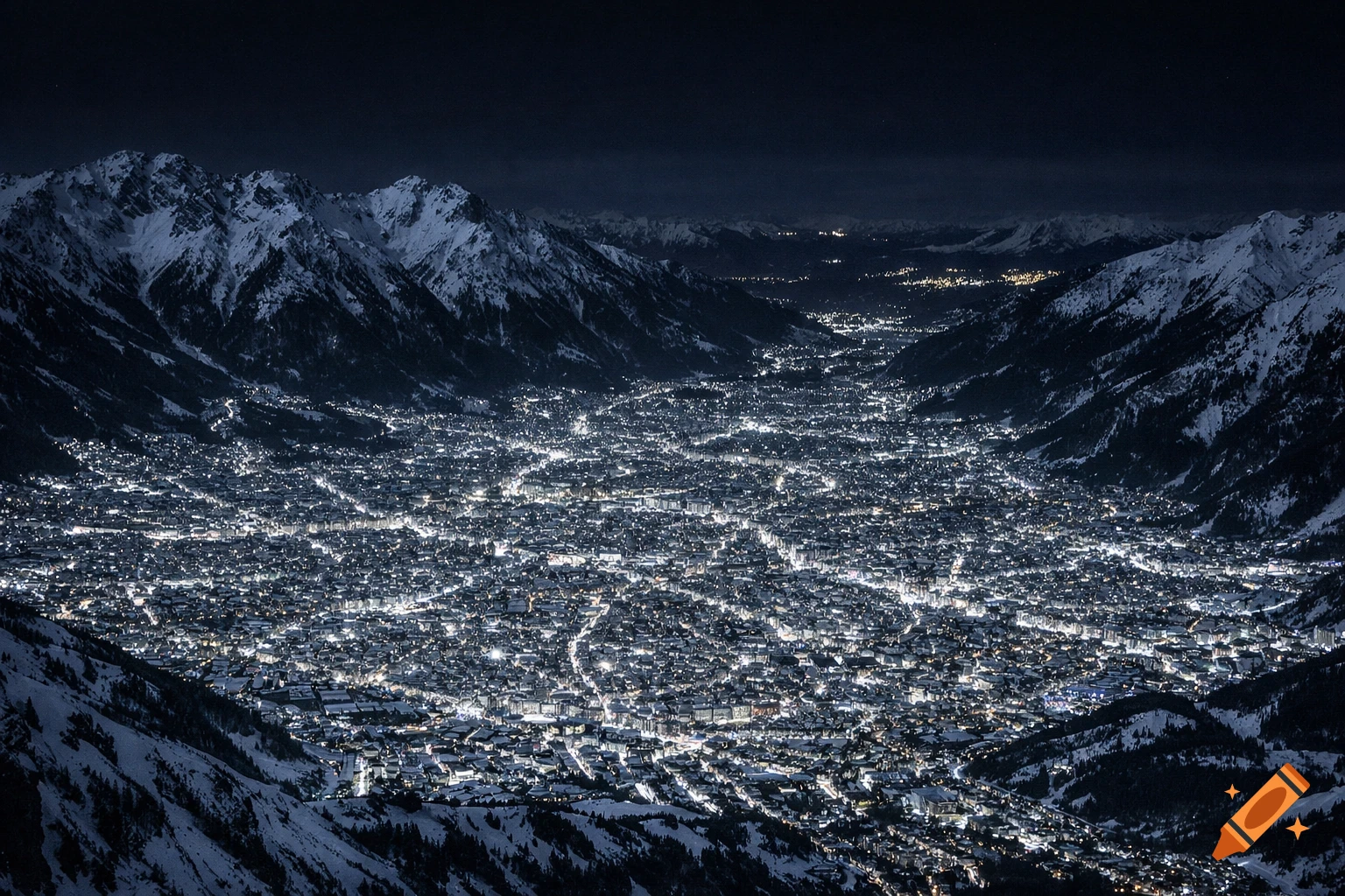 Aerial night view of a sprawling snowy alpine city illuminated by cold white lights, surrounded by dark, snow-covered mountains.