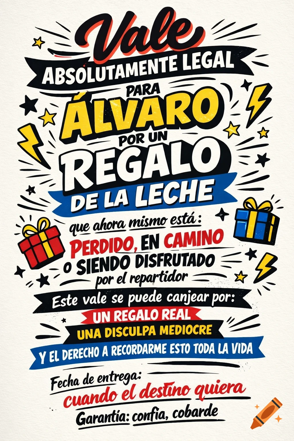 A vibrant hand-lettered poster in Spanish, featuring bold typography, stars, lightning bolts, and gift boxes, with a light paper background.