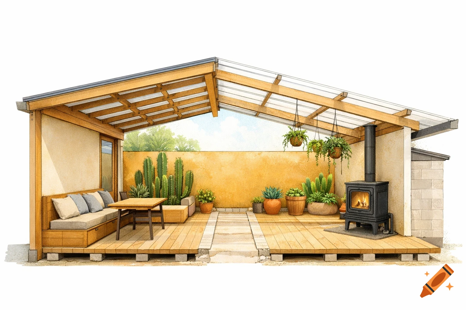 An illustrated cross-section of a modern outdoor patio with a shed roof, a built-in bench, cacti, hanging plants, and a wood stove.