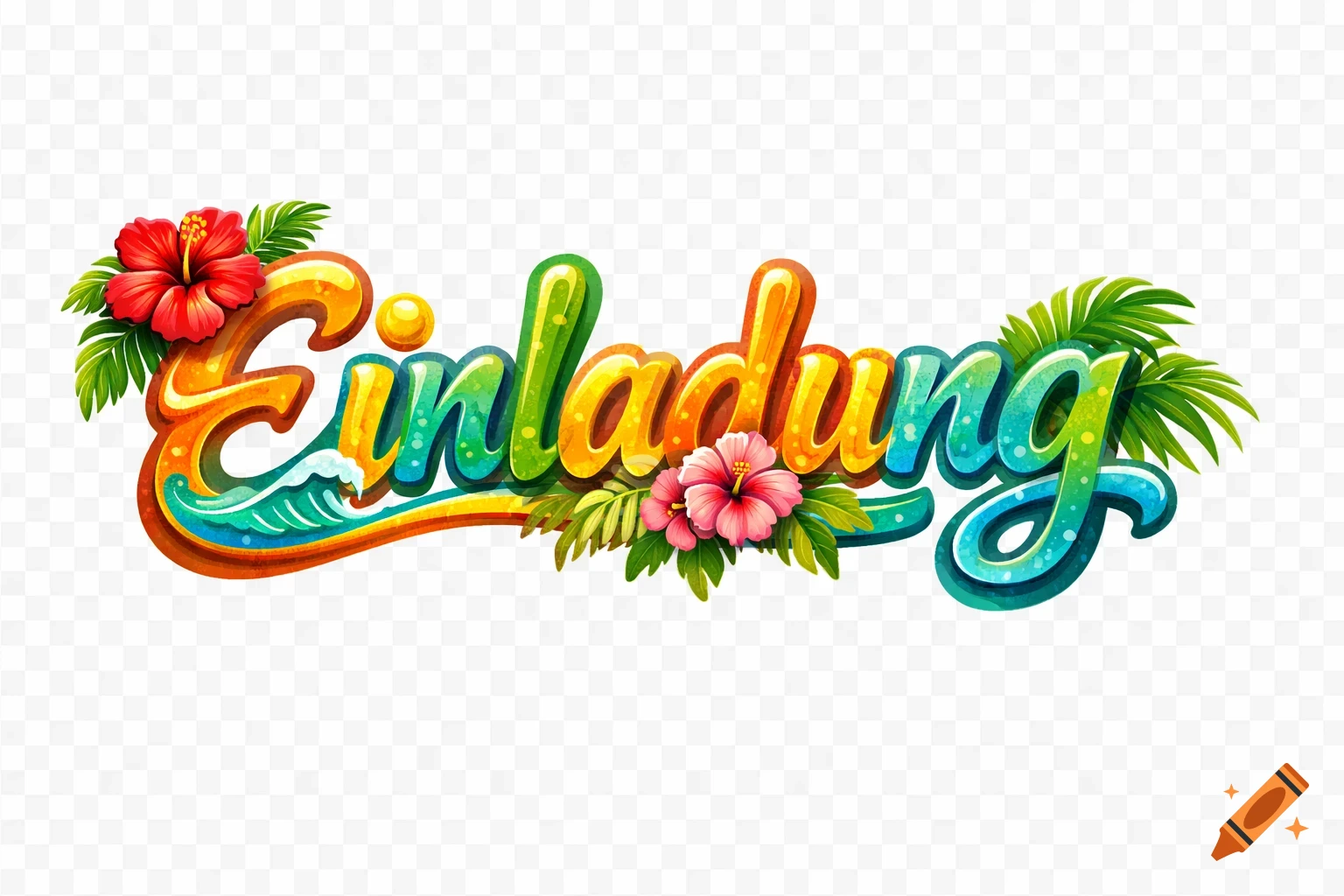 Colorful, tropical-themed stylized word "Einladung" (Invitation) with hibiscus flowers, palm leaves, and a wave pattern.