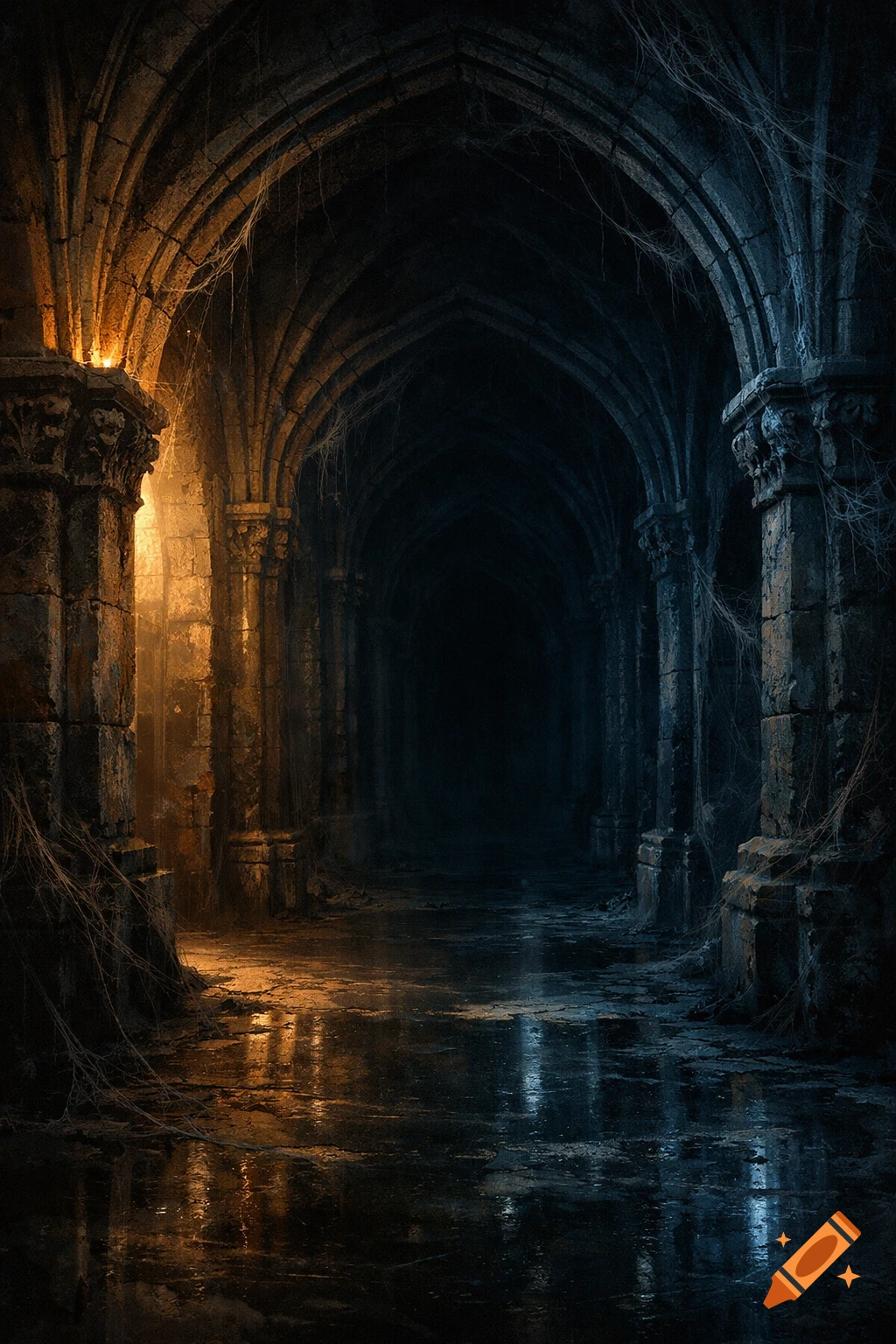 Dark, mysterious gothic corridor with arched ceilings, stone pillars, and wet floors reflecting orange and blue light.
