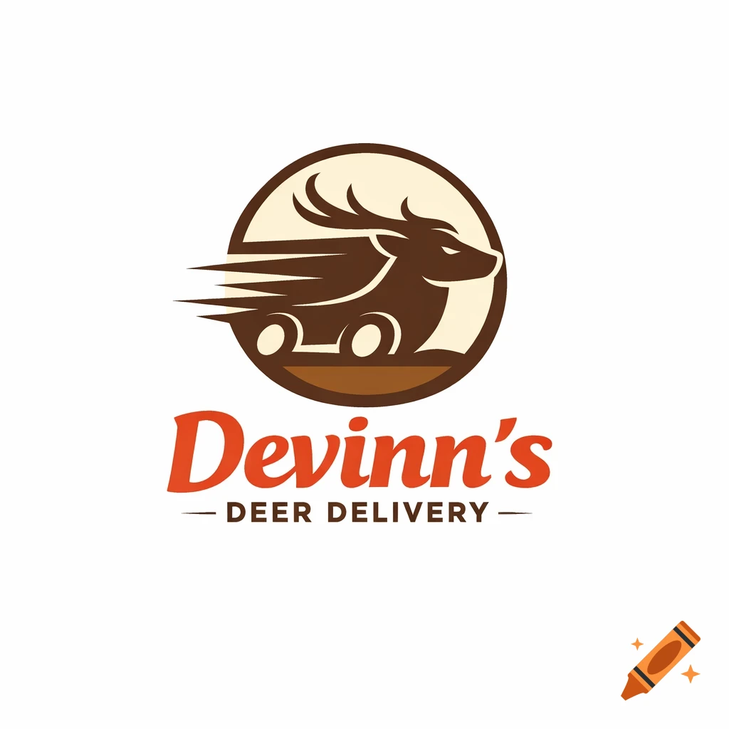 A brown and beige logo featuring a deer-like creature with antlers and wheels, surrounded by speed lines, above the text "Devinn's DEER DELIVERY" on a white background.
