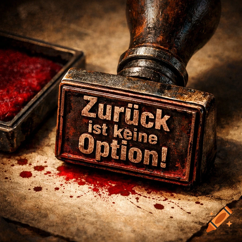 A close-up shot of a vintage wooden and metal stamp with the German text "Zurück ist keine Option!" in red ink splatter on grunge paper, next to a red ink pad.