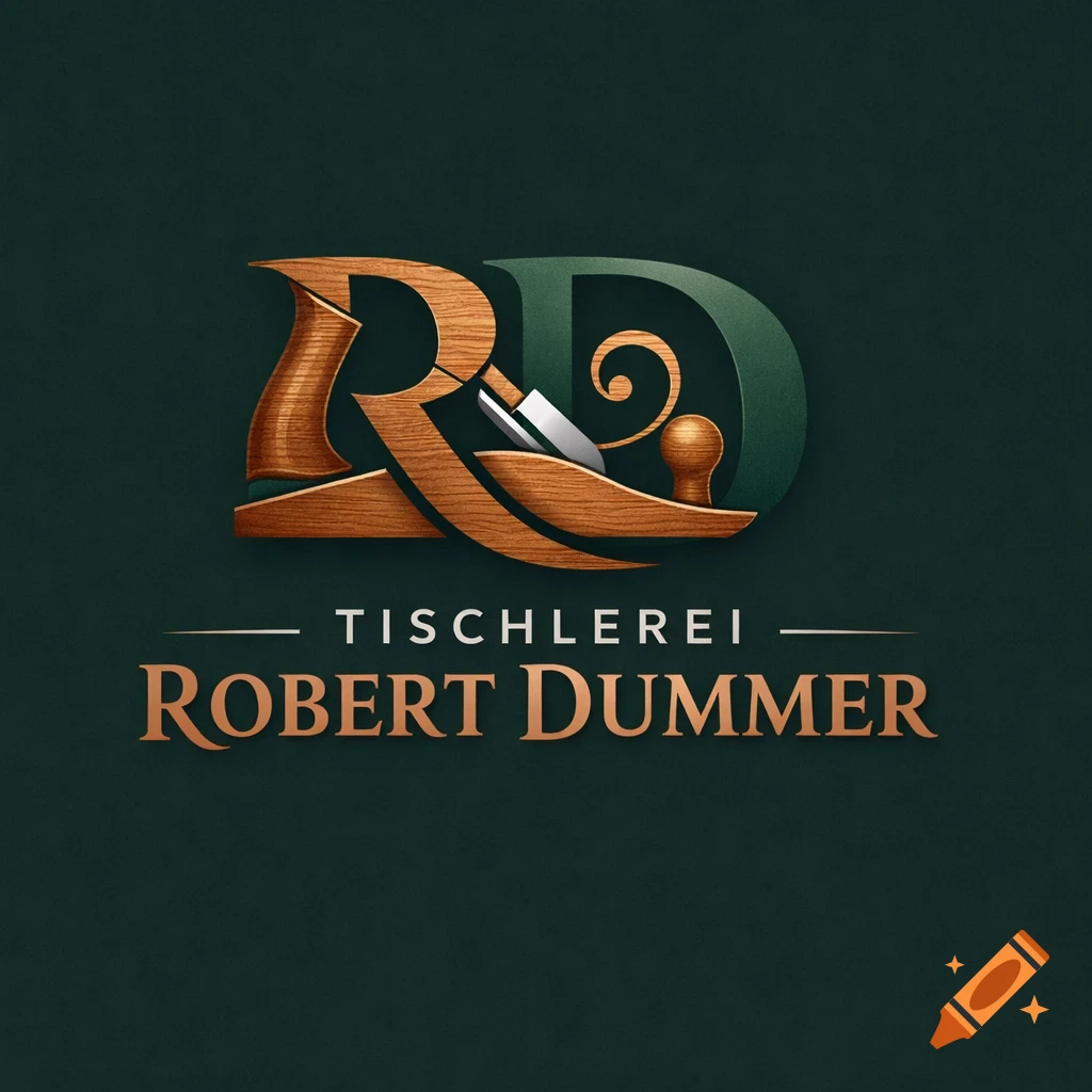 A stylized logo with large, intersecting wooden letters 'R' and 'D' integrated with a woodworking plane. Below it reads "TISCHLEREI Robert Dummer" on a dark green background.