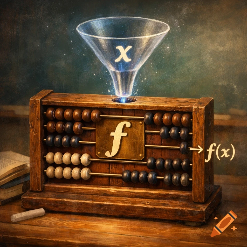 A magical abacus functions as a mathematical machine, with an 'x' input funnel, an 'f' label, and 'f(x)' output, on a wooden desk.