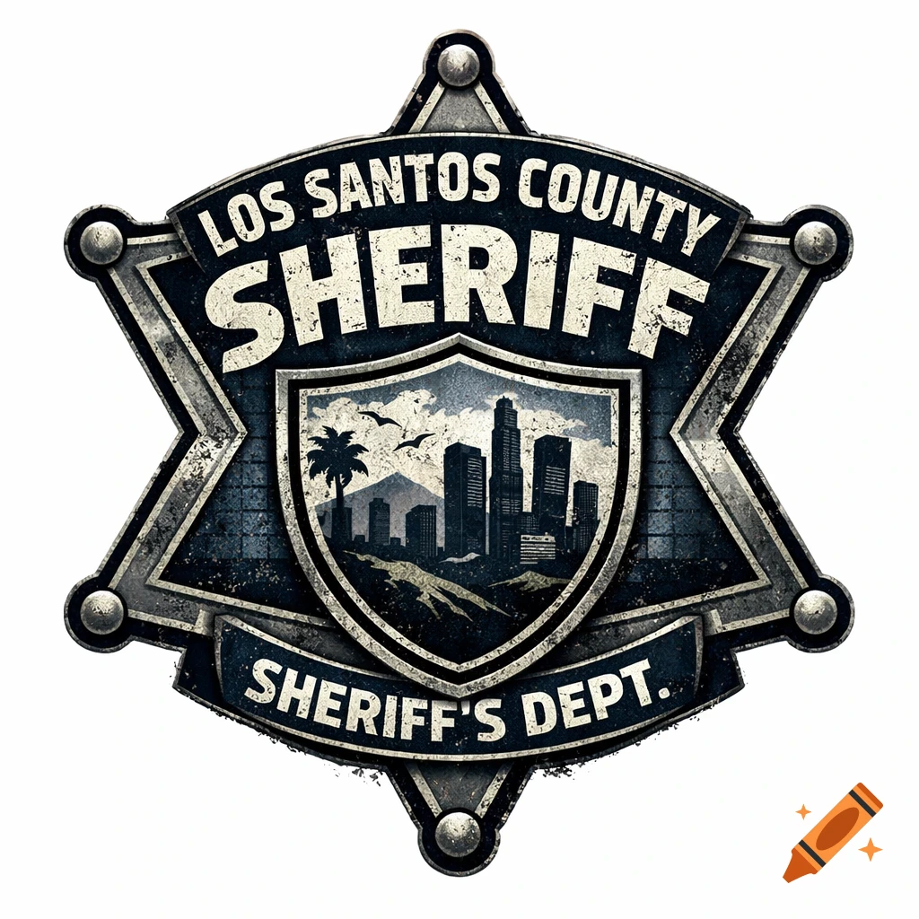 Distressed metallic Los Santos County Sheriff's badge featuring a city skyline and text 'Los Santos County Sheriff' and 'Sheriff's Dept.'.