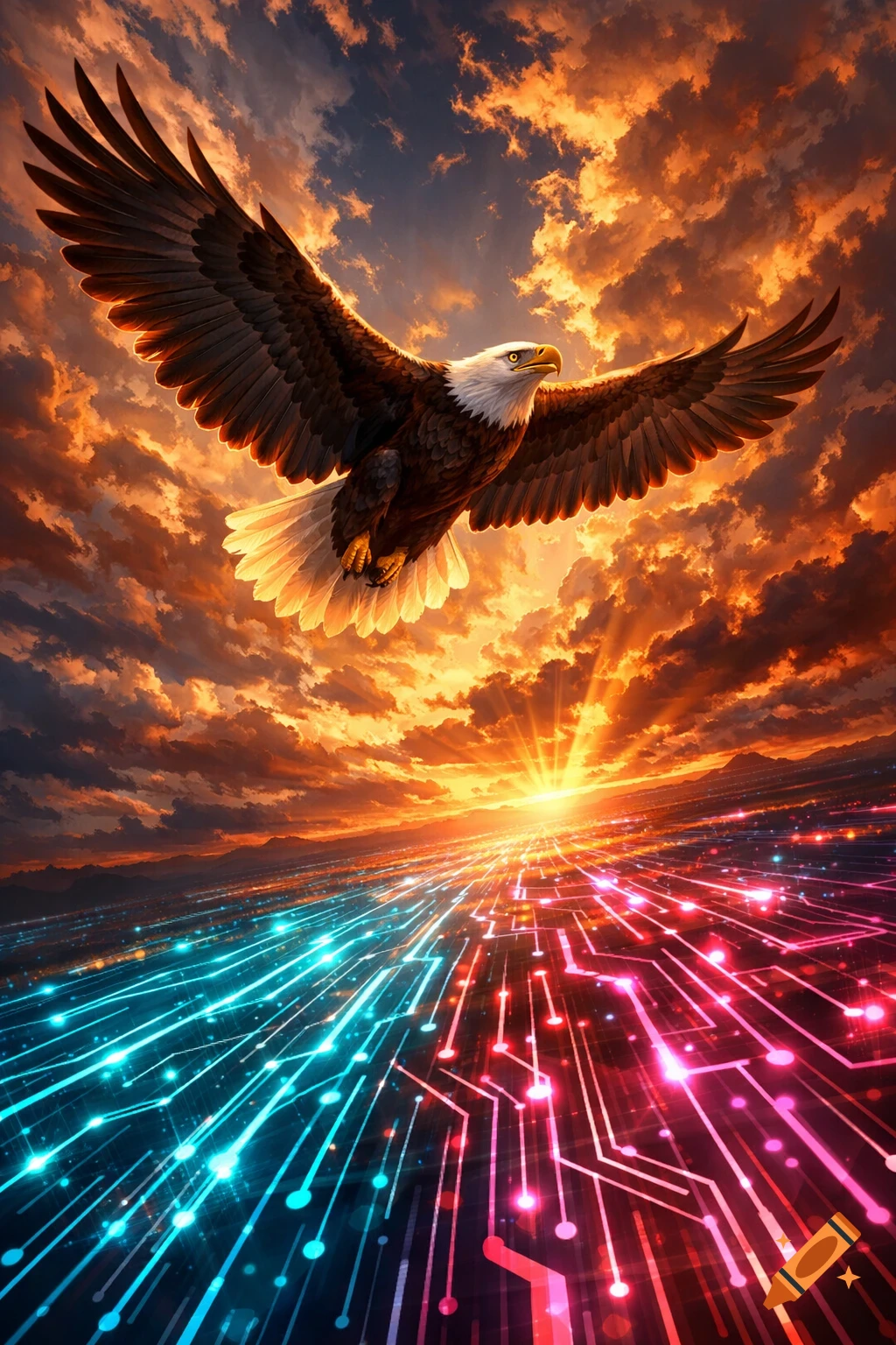 A majestic bald eagle flies over a vibrant digital circuit landscape with glowing blue and red lines under a dramatic orange sunset sky.