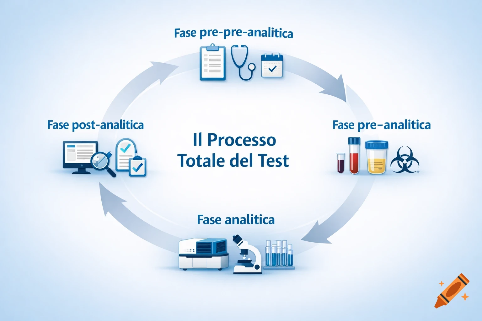 A blue and white diagram illustrating the "Total Test Process" cycle with arrows, labeled with "Fase pre-pre-analitica," "Fase pre-analitica," "Fase analitica," and "Fase post-analitica" accompanied by relevant icons.