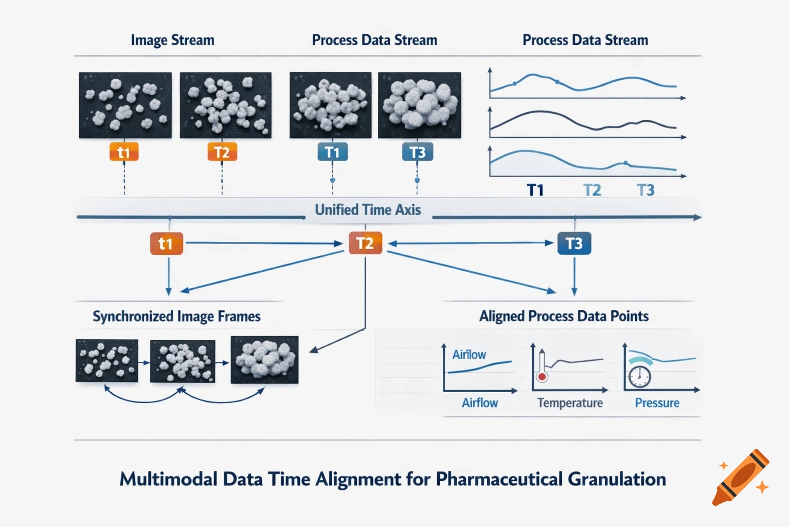 An academic diagram illustrating multimodal data time alignment for pharmaceutical granulation, showing image and process data streams synchronized over a unified time axis.