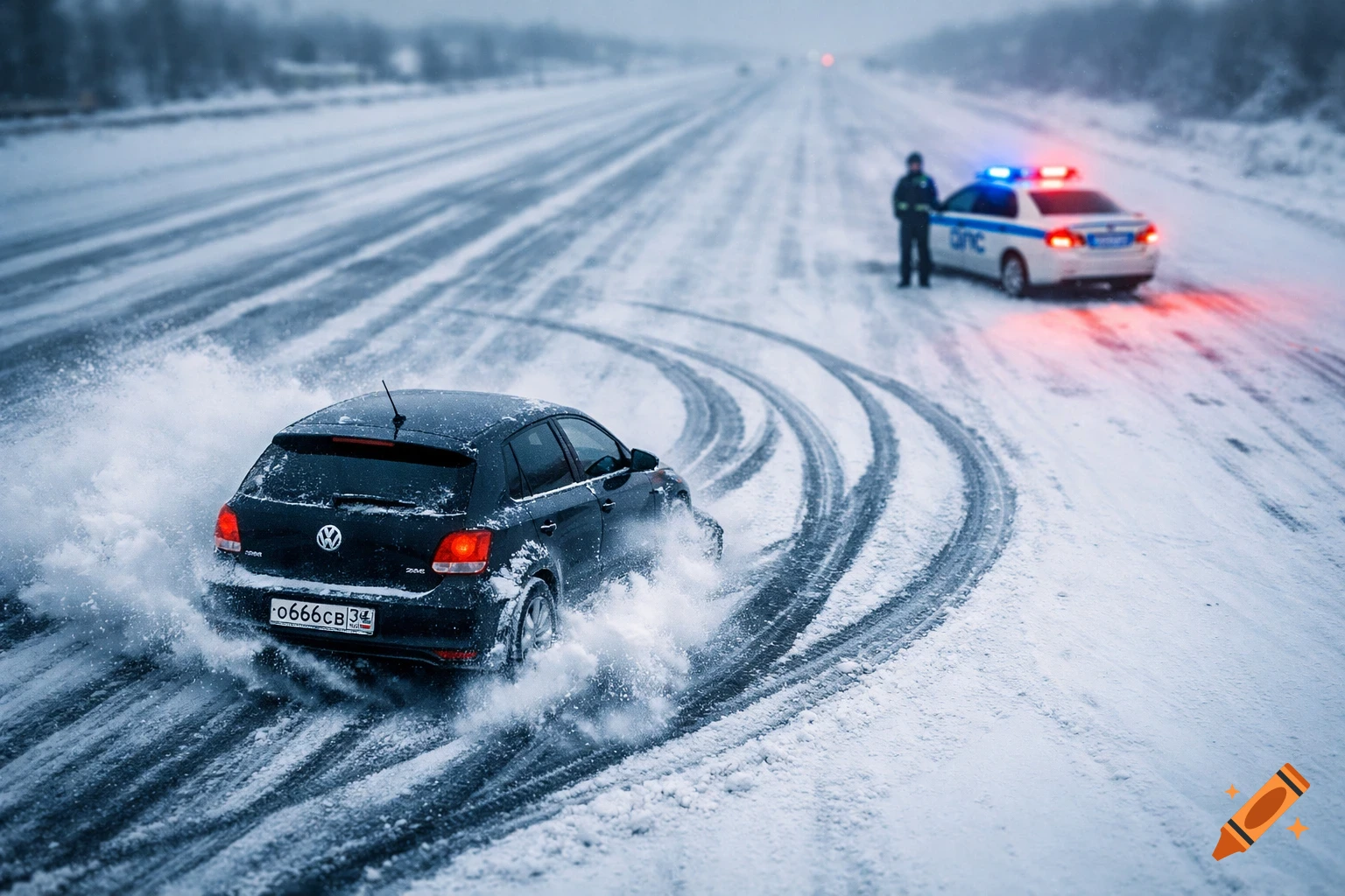A black car powerslides on a snow-covered road, kicking up snow, with a police car and officer in the distance.