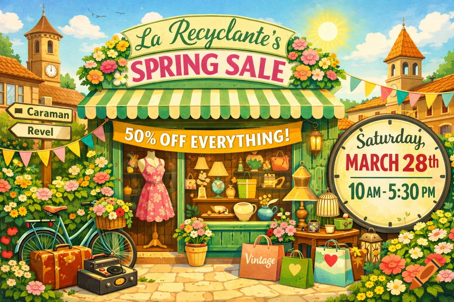 A vibrant illustration of La Recyclante's Spring Sale storefront, adorned with flowers, a bicycle, and signs detailing offers and dates.