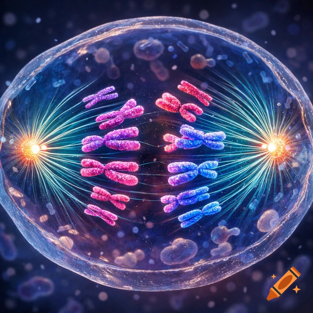 Detailed microscopic illustration of cell mitosis, showing colorful chromosomes dividing within a transparent cell membrane.