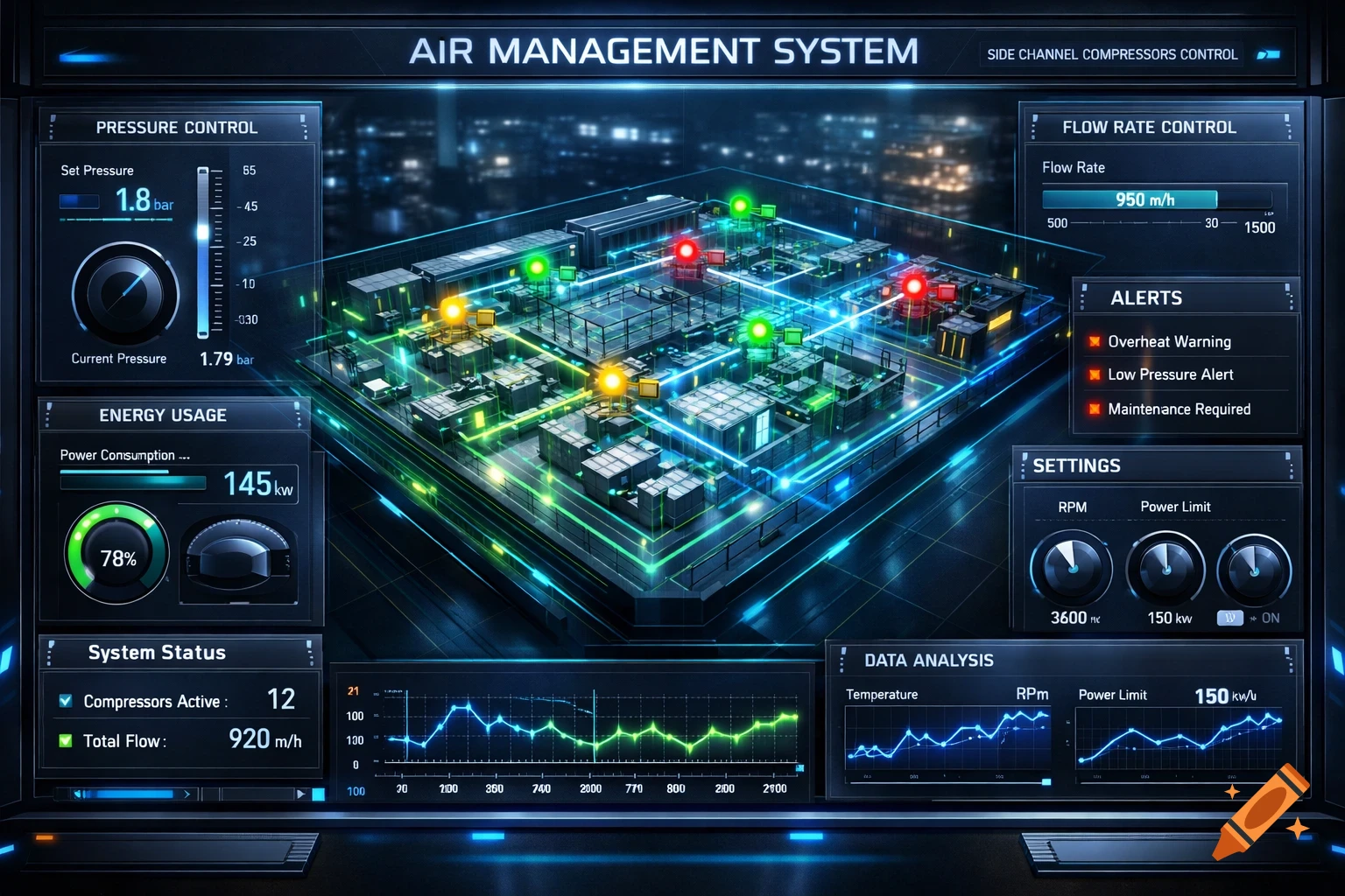 A futuristic digital user interface for an air management system, displaying various controls, data graphs, and alerts over a cityscape.