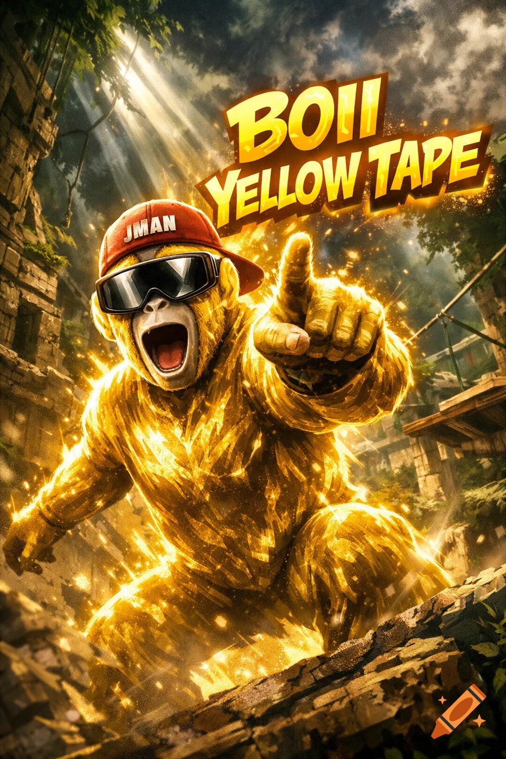 A golden, ape-like creature wearing a red cap and sunglasses points forward, surrounded by golden sparkles in a vibrant jungle ruin setting. Text reads "BOII YELLOW TAPE" and "JMAN".