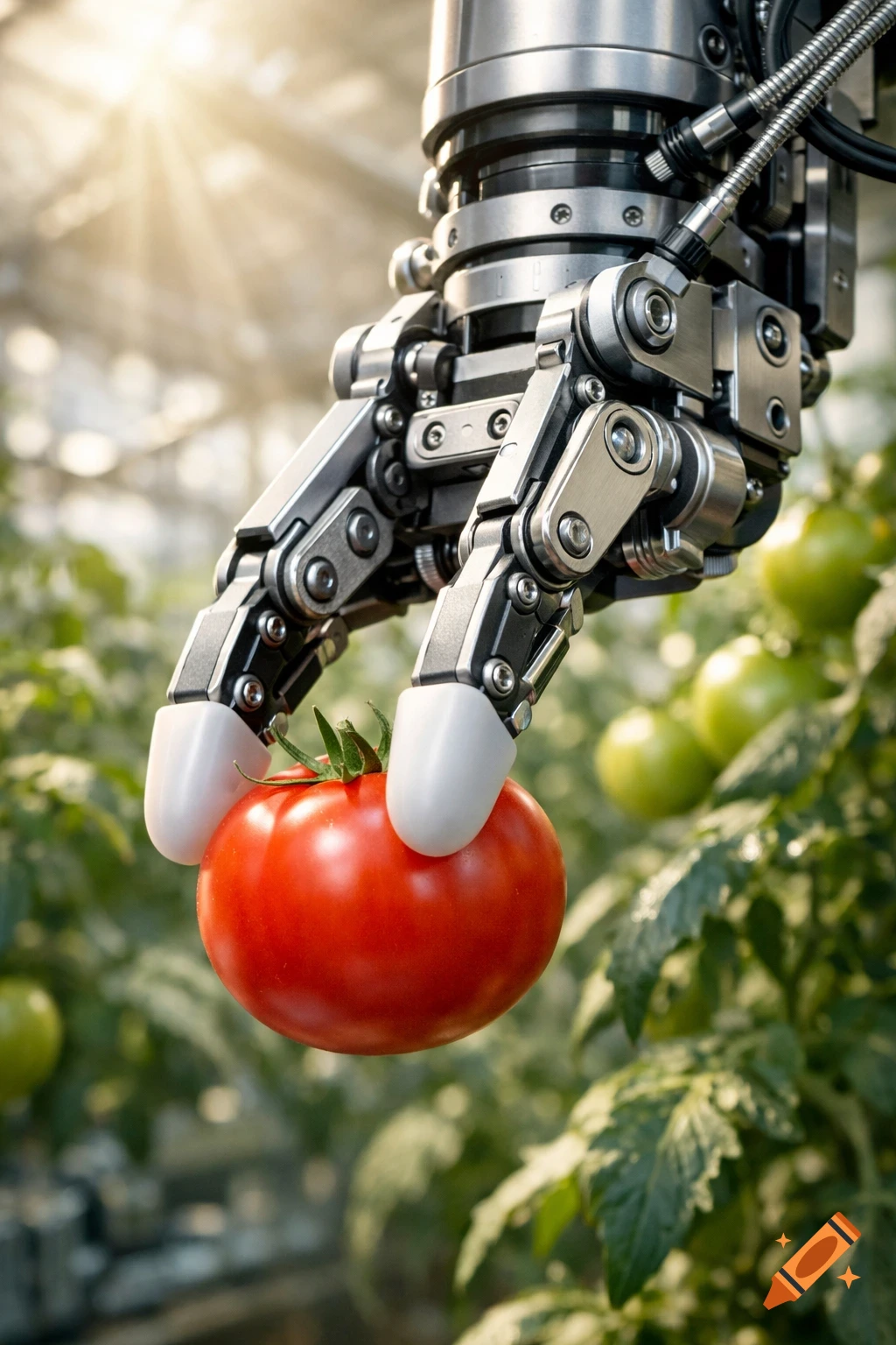 A metallic robotic arm with white grippers holds a ripe red tomato in a sunlit greenhouse setting.