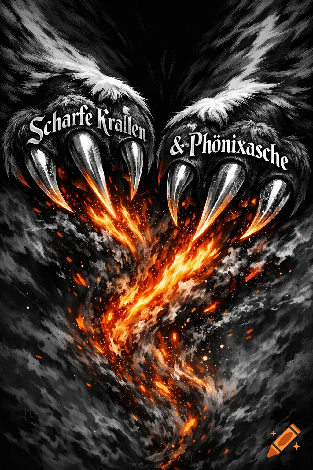 A dark, stylized image of two large, furry claws with sharp metallic tips, grasping a swirling vortex of bright orange fire and smoke. The text "Scharfe Krallen" and "& Phönixasche" is visible above the claws.