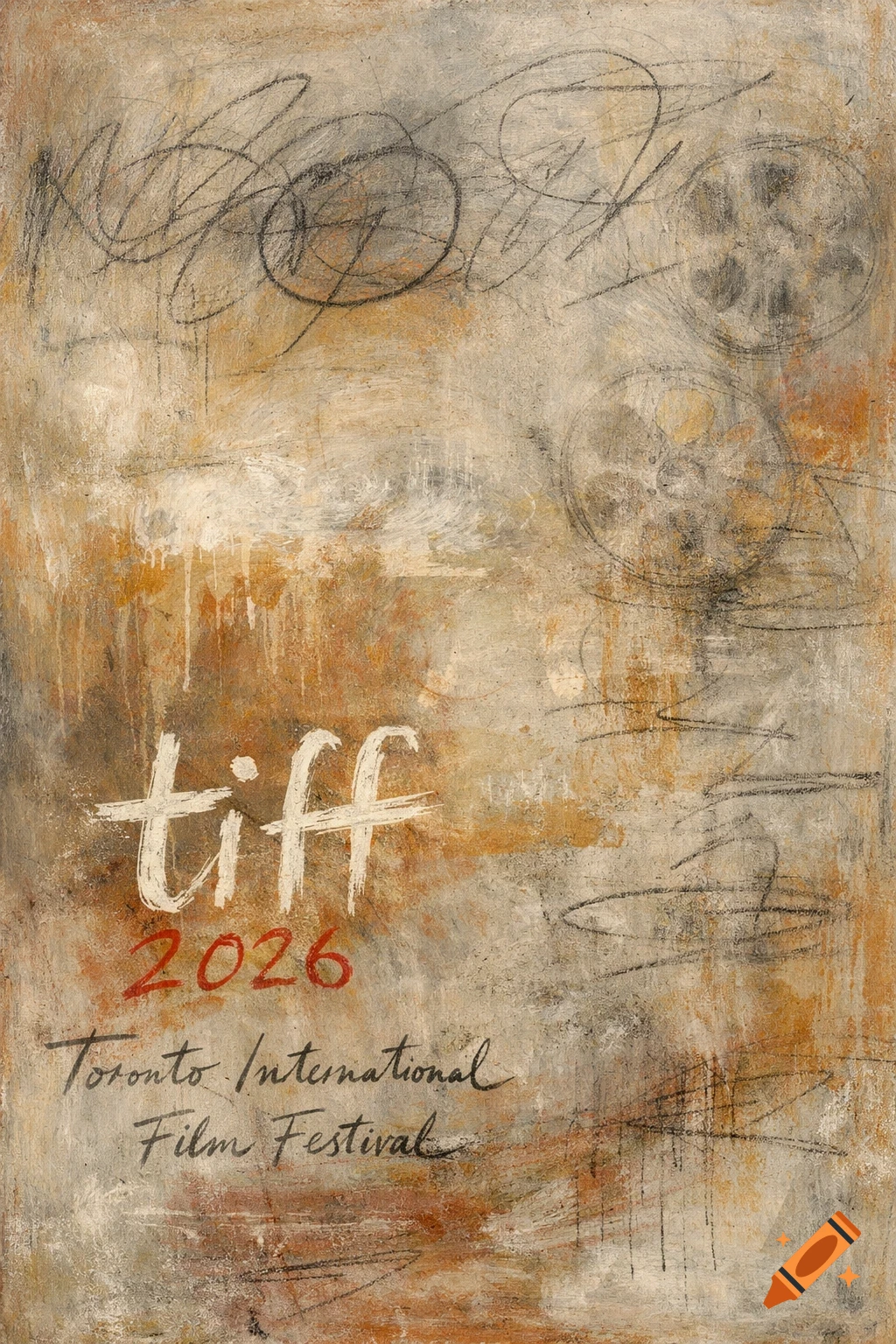 Abstract poster in Cy Twombly style for TIFF 2026, with scribbled lines, film reel shapes, and text 'tiff 2026 Toronto International Film Festival'.