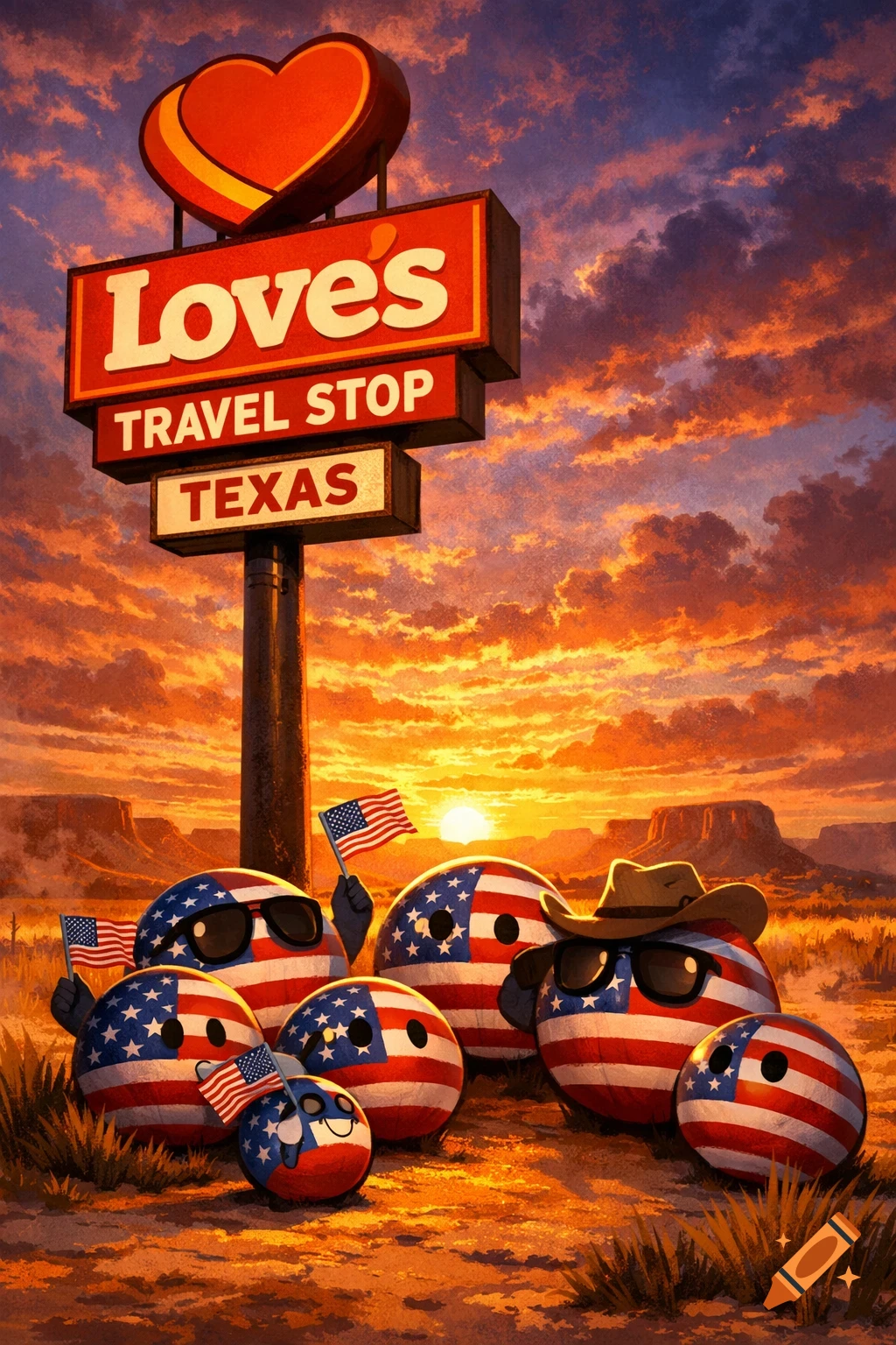 Countryball characters with US flags gathered near a Loves Travel Stop sign in a Texas desert landscape with a sunset.